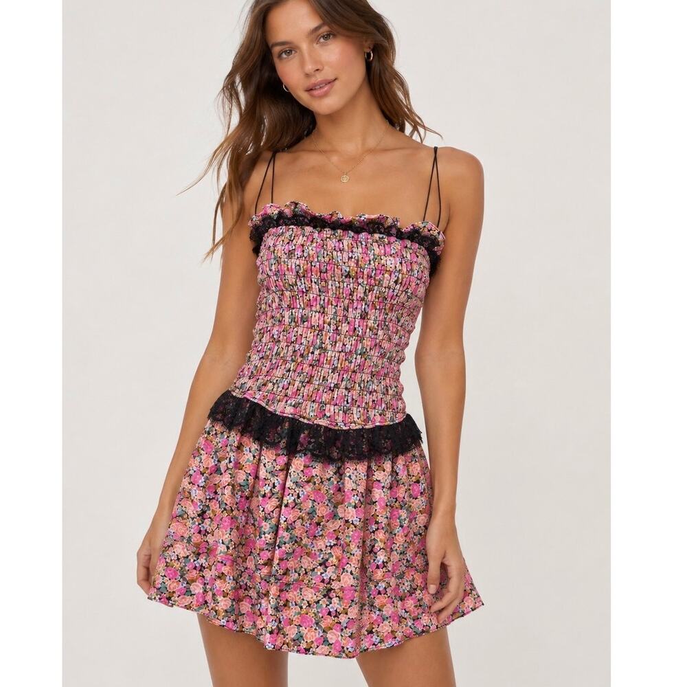 For Love & Lemons NWT Juanita XS Floral Black Pink Mini Dress